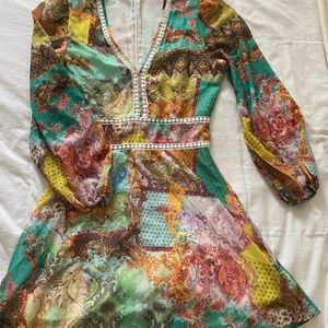 SHEIN VCAY Floral & Paisley Print Guipure Lace Insert Plunging Neck Dress